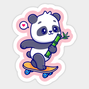 Cute Panda Holding Bamboo On Skateboard Cartoon Sticker